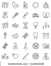thin line vector icon set - flask vector, heart monitor, ambulance star, disabled, cross, vial, gender sign, dna, pregnancy, syringe, crutches, scalpel, broken bone, sand clock, mortar, microscope