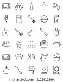 thin line vector icon set - plates vector, pan, camping cauldron, scales, cook hat, apron, timer, press, skimmer, spatula, ladle, mixer, toaster, microwave oven, cookbook, spices, bbq, cereal, oil