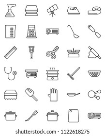 thin line vector icon set - plunger vector, rake, sponge, car fetlock, iron, rubber glove, pan, colander, measuring cup, spatula, ladle, rolling pin, cutting board, grater, ruler, telescope