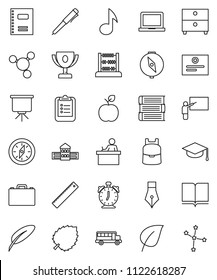 thin line vector icon set - book vector, copybook, graduate hat, pen, school building, blackboard, ruler, student, case, backpack, apple fruit, notebook pc, alarm clock, clipboard, compass, bus