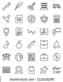thin line vector icon set - pen vector, blackboard, ruler, case, backpack, apple fruit, atom, bell, calculator, schedule, paper pin, compass, medal, certificate, scissors, school bus, abacus, music