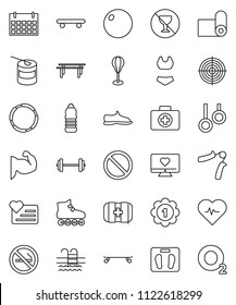 thin line vector icon set - barbell vector, scales, heart pulse, hand trainer, horizontal bar, punching bag, fitball, muscule, snickers, swimsuite, roller Skates, skateboard, target, medal, calendar