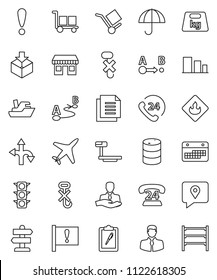 thin line vector icon set - route vector, signpost, attention, office, plane, traffic light, phone 24, client, traking, ship, calendar, clipboard, document, cargo, umbrella, no hook, package, weight