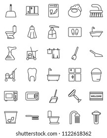 thin line vector icon set - soap vector, plunger, scraper, cleaner trolley, broom, fetlock, scoop, bucket, towel, trash bin, welcome mat, bath, toilet, drying clothes, liquid, shining window, shower