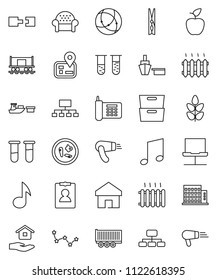 thin line vector icon set - clothespin vector, house hold, apple fruit, music, archive, constellation, personal information, hierarchy, cereals, navigator, Railway carriage, phone, truck trailer