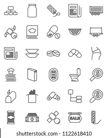thin line vector icon set - toilet vector, washing powder, colander, cookbook, plates, jar, pasta, money search, hierarchy, stadium, buttocks, pills, satellite, truck trailer, newspaper, mailbox