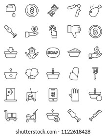 thin line vector icon set - soap vector, cleaner trolley, foam basin, rubber glove, house hold, mixer, blender, chicken leg, dollar coin, investment, hand trainer, boxing, cargo, touchscreen, basket