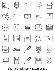 thin line vector icon set - pen vector, notebook pc, document, archive, personal information, laptop graph, no smoking, signpost, attention, satellite antenna, newspaper, network server, big data