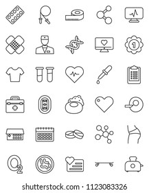 thin line vector icon set - soap vector, measuring, heart pulse, clipboard, jump rope, buttocks, t shirt, skateboard, medal, molecule, calendar, monitor, oxygen, stadium, doctor bag, vial, dna