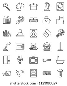 thin line vector icon set - vacuum cleaner vector, mop, steaming, bath, oven, dry cargo, key, cottage, estate document, search, cushioned furniture, fridge, tv, power plug, hood, microwave, toaster