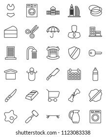 thin line vector icon set - splotch vector, shower, apron, knife, meat hammer, jug, cake, school building, gold ingot, manager, calendar, swimsuite, skateboard, water bottle, hoop, umbrella, shield
