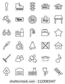 thin line vector icon set - rake vector, kettle, glasses, bell, music, roller Skates, no fastfood, attention, satellite, traffic light, wood box, dry cargo, tulip, satellitie, group, disabled, barn