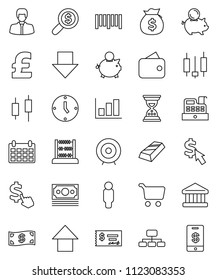 thin line vector icon set - abacus vector, bank, graph, gold ingot, cart, japanese candle, money bag, piggy, manager, check, search, clock, target, man, sand, arrow down, up, hierarchy, calendar
