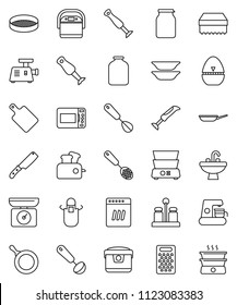 thin line vector icon set - sponge vector, sink, pan, apron, cook timer, whisk, skimmer, ladle, knife, cutting board, grater, double boiler, spices, blender, plates, sieve, jar, dishwasher, toaster