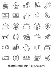 thin line vector icon set - certificate vector, bank, dollar coin, gold ingot, japanese candle, credit card, cash, piggy, investment, growth, stack, check, building, money search, shield, cursor