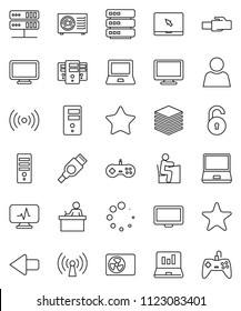 thin line vector icon set - student vector, notebook pc, laptop graph, monitor, favorites, hdmi, diagnostic, network server, big data, lan connector, arrow, loading, unlock, user, ari condition