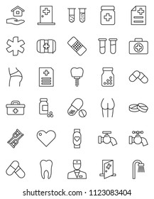 thin line vector icon set - water tap vector, house hold, pills vial, buttocks, heart monitor, first aid kit, doctor bag, ambulance star, crutches, patch, bottle, anamnesis, tooth, implant, bath