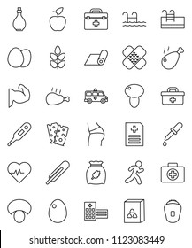 thin line vector icon set - oil vector, cereal, egg, mushroom, chicken leg, apple fruit, heart pulse, muscule hand, buttocks, fitness mat, cereals, breads, first aid kit, run, doctor bag, dropper