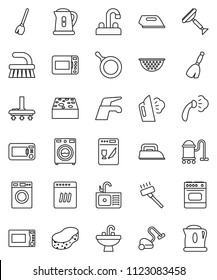 thin line vector icon set - scraper vector, broom, water tap, vacuum cleaner, fetlock, sponge, steaming, washer, sink, pan, kettle, colander, microwave oven, iron, dishwasher
