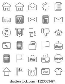 thin line vector icon set - calculator vector, flag, arrow up, dollar, document, equalizer, finger down, mail, browser, home, loading, stop, house, buy, clothes