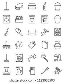 thin line vector icon set - broom vector, vacuum cleaner, mop, bucket, sponge, car fetlock, steaming, washer, washing powder, cleaning agent, rubber glove