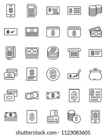 thin line vector icon set - credit card vector, cash, coin stack, check, receipt, dollar calendar, money, wallet, reader, tap pay