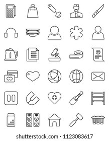 thin line vector icon set - plates vector, kettle, ladle, knife, meat hammer, microscope, certificate, magnet, credit card, measuring, pills vial, heart cross, document, shelving, headphones, mail