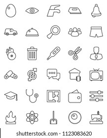 thin line vector icon set - water tap vector, scoop, trash bin, dish, egg, graduate hat, atom, bell, scissors, manager, shorts, car, flammable, music hit, dialog, group, thermometer, eye, magnifier