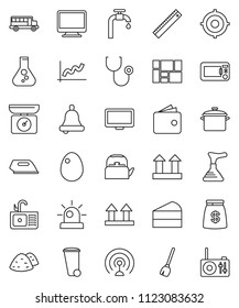 thin line vector icon set - plunger vector, broom, trash bin, sink, garbage pile, pan, kettle, egg, cake, ruler, bell, school bus, flask, graph, wallet, target, consolidated cargo, top sign, antenna
