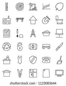 thin line vector icon set - scoop vector, clothespin, toilet, brush, foam basin, shining window, knife, cutting board, drawing compass, student, magnet, leaf, graph, arrow up, horizontal bar, radio