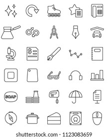 thin line vector icon set - soap vector, shining, pan, cutting board, turk coffee, cake, copybook, pen, drawing compass, glasses, constellation, graph, annual report, roller Skates, umbrella, redo