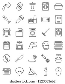 thin line vector icon set - water tap vector, rake, sponge, trash bin, steaming, washer, washing powder, cleaning agent, towel, cook press, skimmer, knife, rolling pin, oven, blender, jug, mushroom