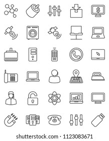 thin line vector icon set - atom vector, notebook pc, magnet, laptop graph, monitor dollar, molecule, navigator, support, package, satellitie, settings, remote control, classic phone, rca, network