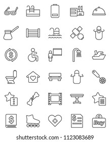 thin line vector icon set - toilet vector, apron, skimmer, turk coffee, dish, blackboard, glasses, exchange, annual report, roller Skates, pool, satellite, ship, wood box, film frame, battery, bench