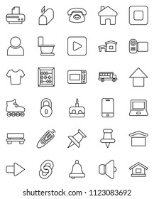 thin line vector icon set - toilet vector, cake, bell, notebook pc, school bus, abacus, arrow up, t shirt, roller Skates, dry cargo, speaker, remote control, mobile phone, thumbtack, play button