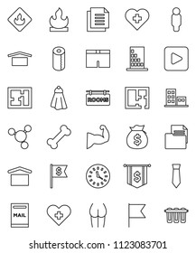 thin line vector icon set - towel vector, toilet paper, molecule, flag, money bag, man, dollar, tie, muscule hand, buttocks, shorts, heart cross, bone, clock, document, dry cargo, flammable, mailbox