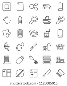thin line vector icon set - window cleaning vector, splotch, shining, towel, skimmer, knife, cutting board, hand mill, bbq, school bus, percent growth, water bottle, hoop, battery, stop button, barn