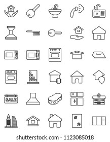 thin line vector icon set - fetlock vector, sponge, car, window cleaning, steaming, shining, house hold, sink, microwave oven, university, dry cargo, home, key, sale signboard, office building, iron