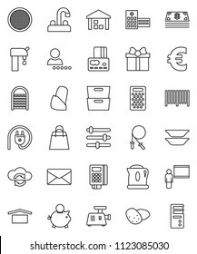 thin line vector icon set - washboard vector, water tap, grater, plates, sieve, potato, blackboard, archive, credit card, piggy bank, euro sign, jump rope, dry cargo, warehouse, hospital building