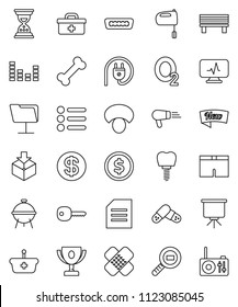 thin line vector icon set - mixer vector, bbq, mushroom, award cup, presentation, document, dollar coin, sand clock, shorts, bone, oxygen, package, cargo search, equalizer, hdmi, doctor bag, patch