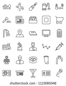 thin line vector icon set - vacuum cleaner vector, sponge, trash bin, shower, constellation, manager, auction, receipt, route, map pin, glass, newspaper, monitor, battery, stop button, jack, syringe