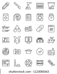 thin line vector icon set - plunger vector, trash bin, toilet brush, shining window, pencil, clipboard, exam, crisis, calendar, monitor dollar, yen sign, stadium, weight, boxing glove, dry, radio