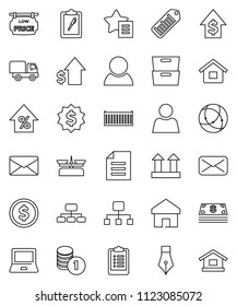 thin line vector icon set - pen vector, notebook pc, document, archive, dollar coin, percent growth, stack, medal, hierarchy, clipboard, sea container, top sign, barcode, mail, connection, home