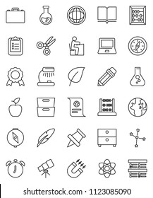thin line vector icon set - book vector, pen, pencil, student, case, apple fruit, atom, telescope, table lamp, notebook pc, alarm clock, clipboard, paper pin, compass, medal, certificate, magnet