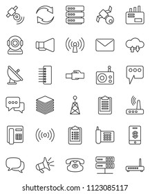 thin line vector icon set - clipboard vector, satellite, phone, antenna, radio, satellitie, loudspeaker, dialog, classic, network server, cloud exchange, big data, hub, router, lan connector, mail