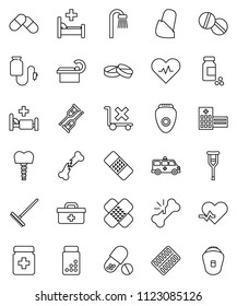 thin line vector icon set - rake vector, pills vial, no trolley, doctor bag, heart pulse, crutches, broken bone, patch, bottle, blister, hospital bed, building, amkbulance car, tomography, bandage