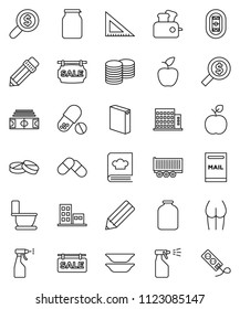 thin line vector icon set - toilet vector, washing powder, sprayer, cookbook, plates, jar, pencil, corner ruler, apple fruit, coin stack, money search, stadium, buttocks, pills, truck trailer