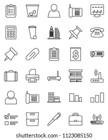thin line vector icon set - trash bin vector, case, pen, clipboard, paper pin, archive, exam, phone, receipt, sorting, classic, thumbtack, diagnostic monitor, router, attachment, user, apartments