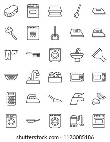 thin line vector icon set - scraper vector, broom, water tap, vacuum cleaner, fetlock, scoop, sponge, iron, drying clothes, washer, sink, pan, colander, grater, microwave oven, dishwasher