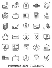 thin line vector icon set - school building vector, bank, dollar coin, credit card, piggy, investment, check, medal, safe, monitor, yen sign, receipt, wallet, money bag, reader, shield